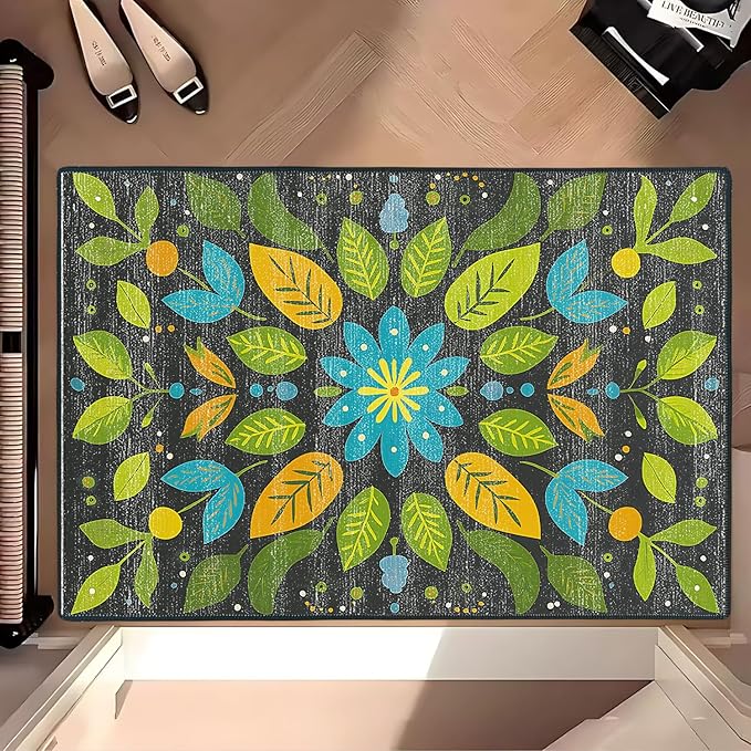 Area Rug 2x3 ft Rug Washable Boho Rugs Non Slip Low Pile Floral Small Carpet for Bedroom, Bedside, Kids Room, Office, Dining Room (Green Leaf, 2x3 ft)