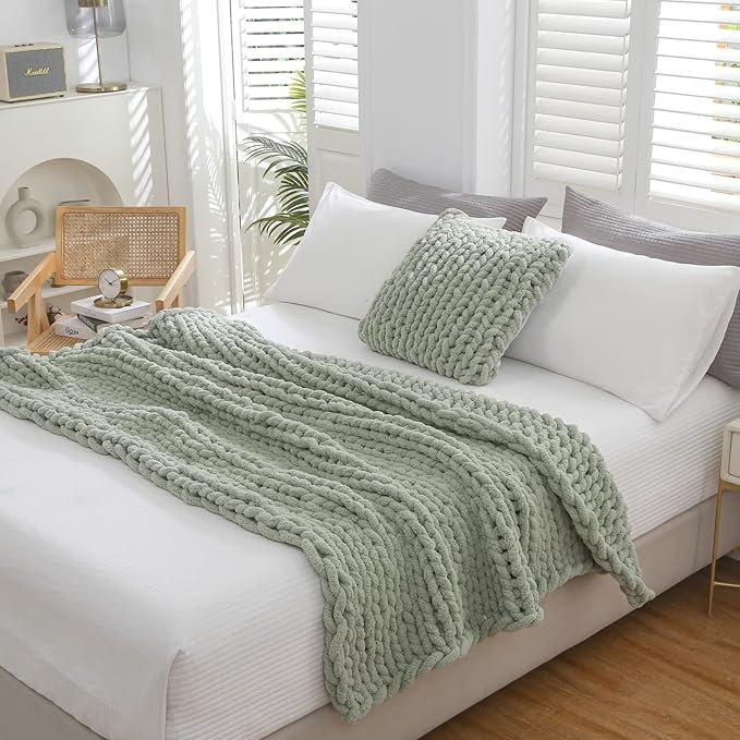 WESHIONGOO Chunky Knit Blanket Throw 51"×63" Knitted Throw Blankets for Couch Bed Fluffy Soft Blanket with Jumbo Chenille Yarn Thick 100% Handmade (Sage Green)