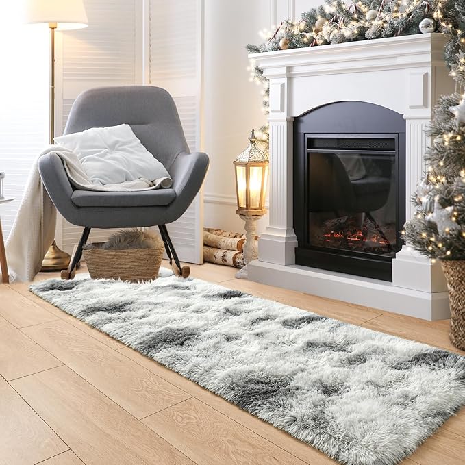 Noahas Runner Rug for Hallway,2'x6' Tie-Dyed Grey and White Long Area Rugs for Bedroom Living Room,Non Slip Thick Shag Carpet for Entryway Dorm Bedside Kids Room