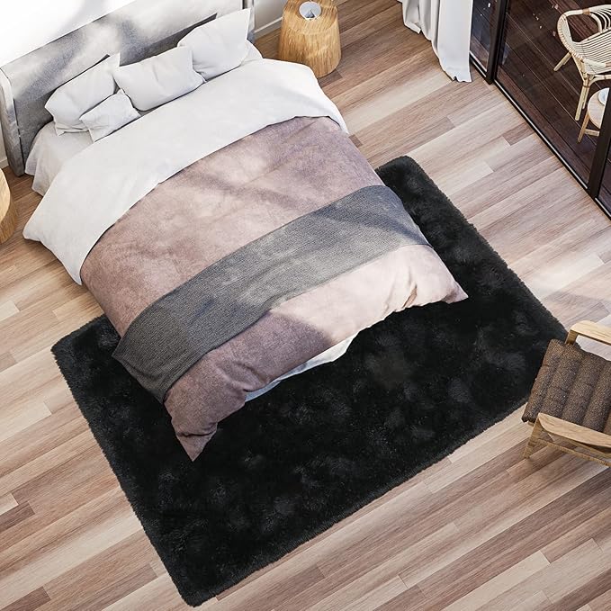 Softlife Area Rug for Living Room, Fluffy Shag Plush 5.3x7.6 Black Rugs for Bedroom Girls, Shaggy Soft Fuzzy Kids Large Carpet for Dorm Bedside Ultra Cozy Non-Slip Indoor Decor