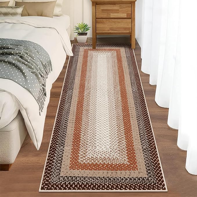 RUGSREAL Washable Runner Rug 2x8 Non Slip Braided Hallway Runner Mat Stain Resistant Kitchen Rug Farmhouse Printed Carpet Rustic Accent Runner for Living Room Bathroom Entryway, Brown/Rust