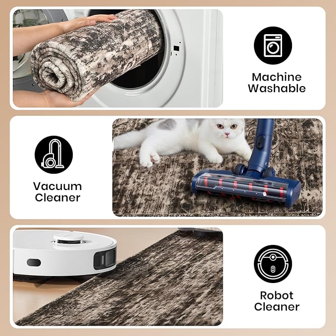 CRYPTOLITE Area Rugs for Living Room, 5x7 Washable Vintage Faux Wool Throw Bedroom Rug, Low Pile & Non-Slip Indoor Floor Carpet for Dining Room, Home Office, Kids Room, Bedside (Brown)