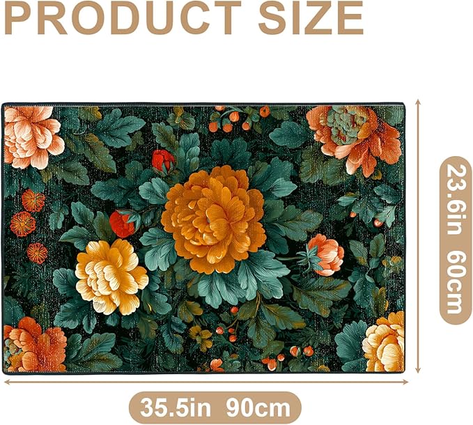 Vintage Floral Spring Area Rug 2x3 ft Entry Rug Washable Boho Rugs Non Slip Low Pile Vintage Floral Door Mat Small Carpet for Bedroom, Bedside, Kids Room, Office, Dining Room
