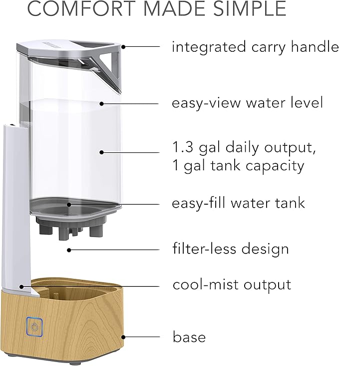 Sharper Image UHS1-SI Ultrasonic Cool Mist Humidifier, 1 Gallon, 2 Settings, Auto Shut-Off, Illuminated Touch Control, Low Water Indicator, Easy Fill Tank, 1.0 Gallon, Ash Woodgrain