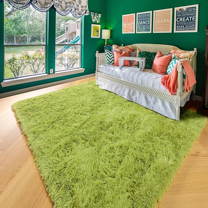 Amdrebio Grass Green Rugs 5x8 for Bedroom Living Room, Fluffy Shag Plush Area Rug for Kids Room Baby Nursery Decor, Modern Fuzzy Floor Furry Cool Shaggy Fuzzy Moss Carpet for Office Dorm Playroom