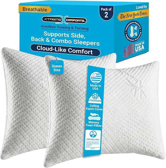 Xtreme Comforts GREENGUARD Certified Queen Size Bed Memory Foam Pillows (2 Pack) | Slim Cooling Pillow for Sleeping on Side, Back & Stomach - Firm and Soft Bed Pillows (USA Made)