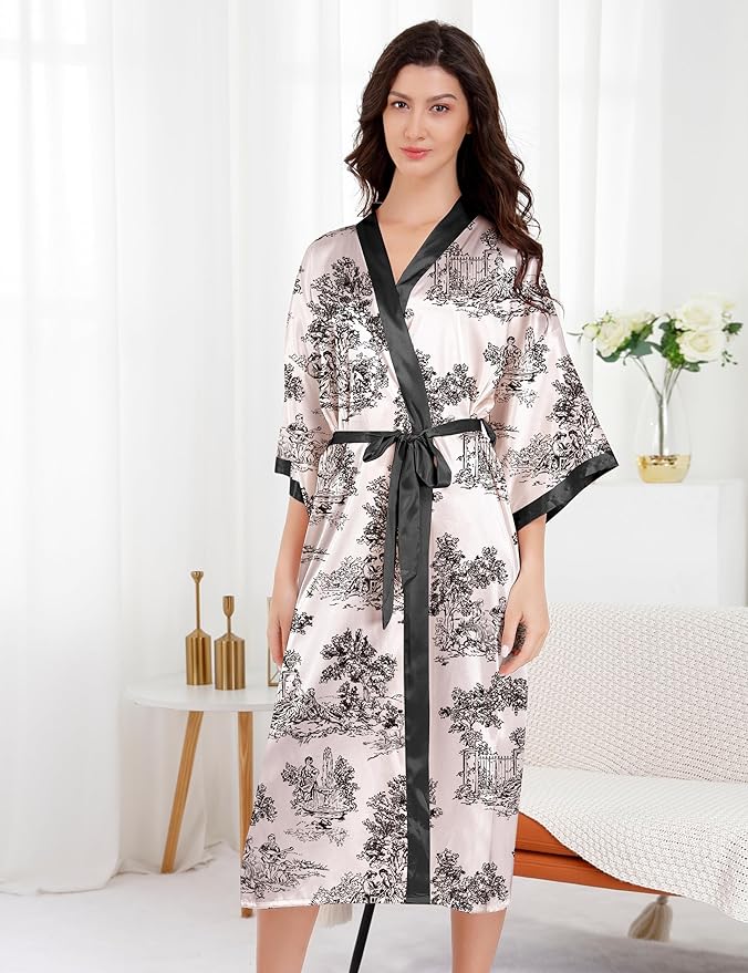 EPLAZA Silk Robes for Women Satin Robe Long Sexy Print Flower Kimono Loungewear Wedding Bridal Party