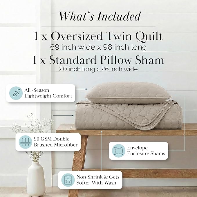 Southshore Fine Living, Inc. Oversized Bedding Quilt, Lightweight Bedding, Twin XL Bedspreads for Adult, Soft Coverlet 2-Piece Set with One Matching Pillow Sham, All Season Twin/XL Quilts, Sandy Taupe