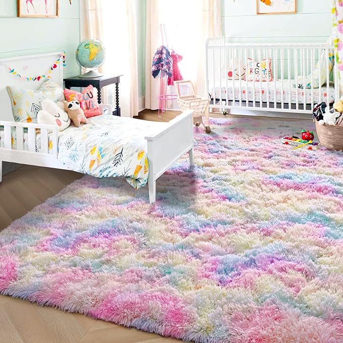 ISEAU Rainbow Rug for Living Bedroom, 6 x 9 Feet Fluffy Area Rugs for Bedroom, Ultra Kawaii Abstract Shaggy Colorful Carpet, Fuzzy Cute Rug for Kids Girl Room Decor