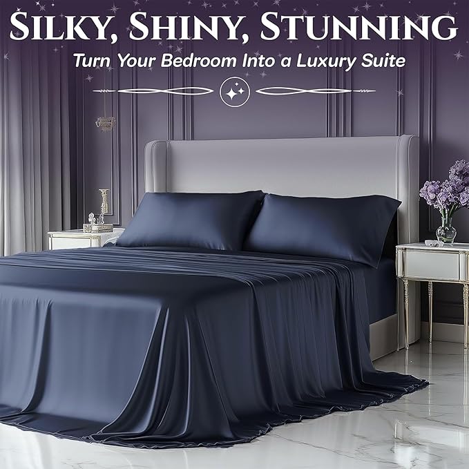 SLEEP SANCTUARY Satin Sheets King Size – 4 Piece Luxury Silky Bed Set, Softer Than Silk, 15" Deep Pocket, Cooling & Wrinkle-Free, Moisture-Wicking & Breathable for Hair & Skin (Navy Blue)