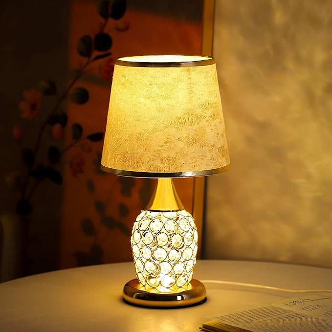 WSYEAR Crystal Table Lamp, Modern Lamp with Rose Flower Shade, LED Night Light with On/Off Switch Crystal Lamp for Living Room, Girl Bedroom, Dresser, Office