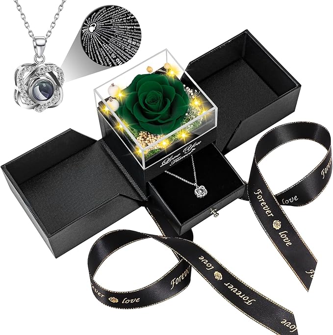 Lebana Preserved Blackish Green Real Rose with Heart I Love You Necklace -Eternal Flowers Rose Birthday Gifts for Women Her Mom Wife Girlfriend Grandma on Valentines Mothers Day Christmas Anniversary