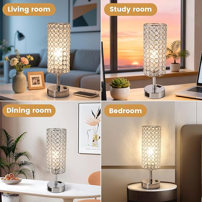 Crystal Table Lamp Set of Two Chrome Dimmable USB Charging Touch Control Bedside Lamps for Night Stands Bedroom Living Room (Bulb Included)
