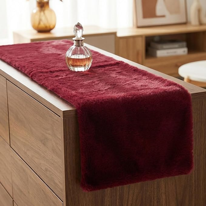 duduta Burgundy Faux Fur Dresser Runner, Soft Fluffy Coffee Table Runner Nightstand Cover Holiday Christmas Decor 11.8 in x 31.5 in