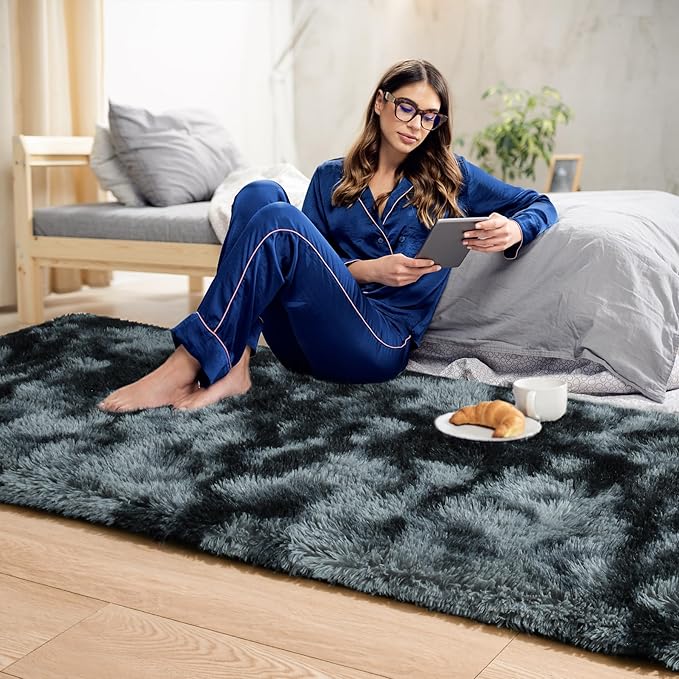 Noahas Runner Rug for Hallway,2'x6' Tie-Dyed Black and Grey Long Area Rugs for Bedroom Living Room,Non Slip Thick Shag Carpet for Entryway Dorm Bedside Kids Room