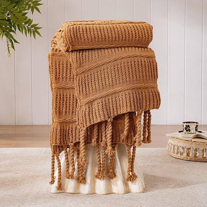 Boho Knitted Chenille Blanket with Tassels - Lightweight & Soft All-Season Throw - 3D Classic Pattern for Living Room Bedroom Couch, Amber Brown, King 90"x108"