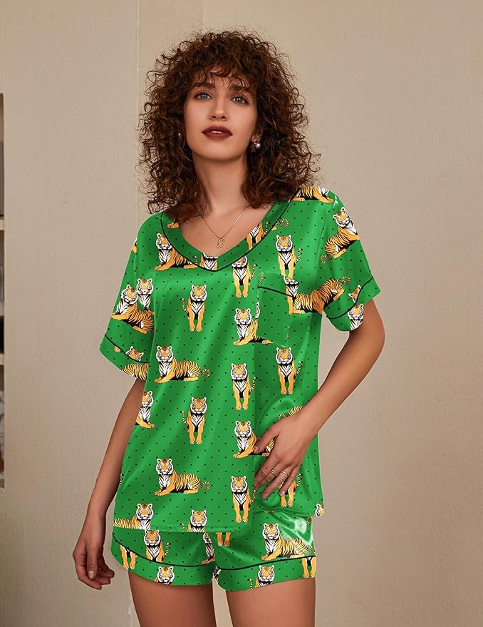 Ekouaer Silk Pajama for Women Short Sleeve Satin Pj Set Two Piece Soft Sleepwear Loungewear, S-XXL