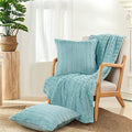 Striped Throw Blanket and Pillow Covers Set (No Inserts) for Couch and Bed, Plush Warm Lightweight Fuzzy Faux Fur Blanket for All Seasons (50" x 60", Pastel Blue)