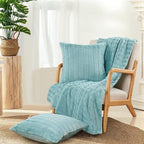 Striped Throw Blanket and Pillow Covers Set (No Inserts) for Couch and Bed, Plush Warm Lightweight Fuzzy Faux Fur Blanket for All Seasons (50" x 60", Pastel Blue)