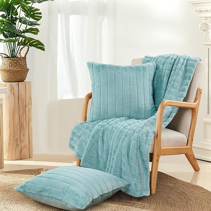 Striped Throw Blanket and Pillow Covers Set (No Inserts) for Couch and Bed, Plush Warm Lightweight Fuzzy Faux Fur Blanket for All Seasons (50" x 60", Pastel Blue)