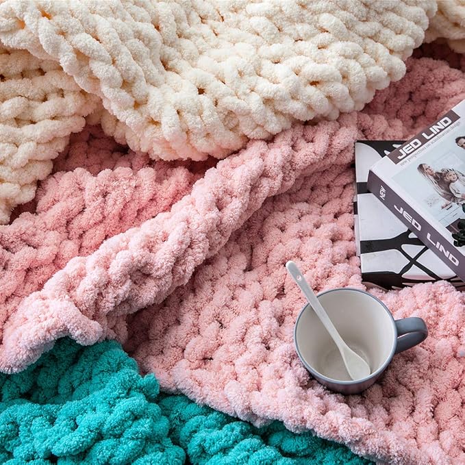 vctops Boho Chenille Chunky Knit Throw Blanket Super Soft Warm Cozy Hand Knit Blankets for Couch Bed Sofa Chair (Cream,31"x39")
