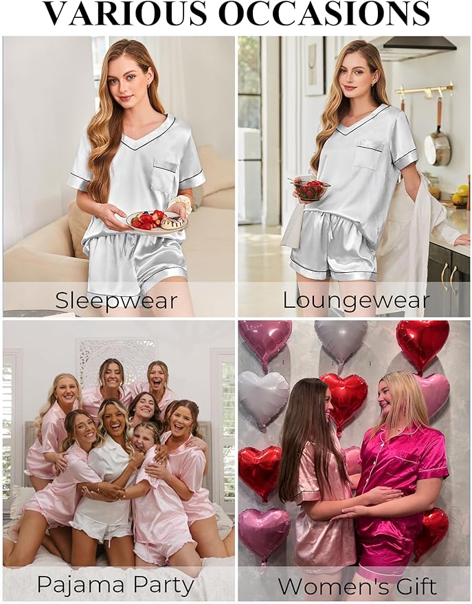Silk Pajamas for Women Short Sleeve Satin 2 Piece Pj Set Soft V Neck Sleepwear Loungewear, S-XXL