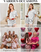 Silk Pajamas for Women Short Sleeve Satin 2 Piece Pj Set Soft V Neck Sleepwear Loungewear, S-XXL