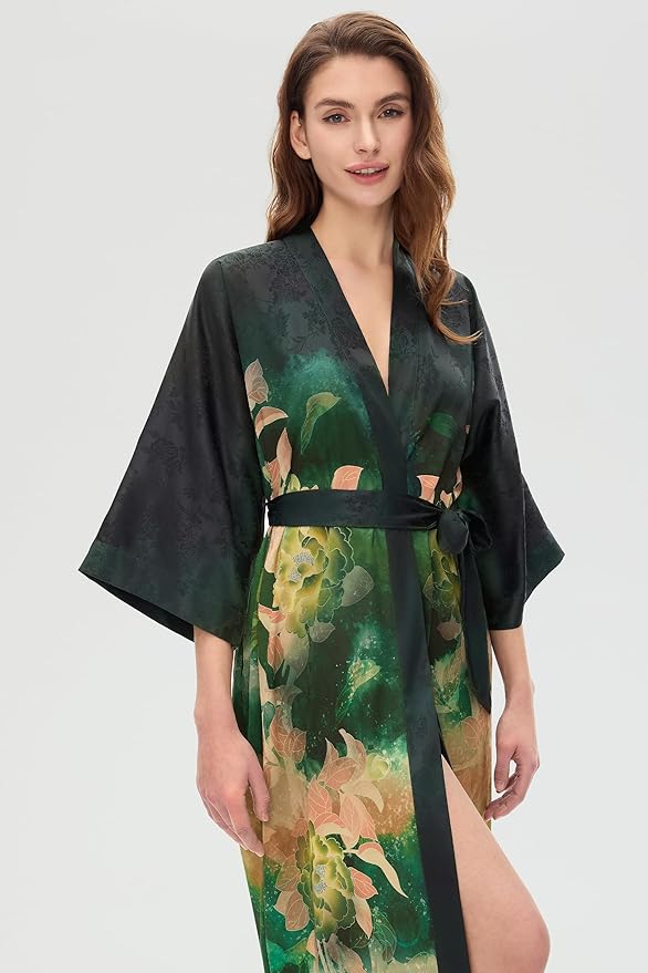 PRODESIGN Kimono Robes for Women - Long Silky Sleepwear Nightgown Bathrobe Floral Dressing Gowns Blouse Bride Bridesmaid Robe