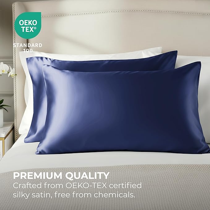 Pure Bedding Satin Pillowcase 2 Pack - Queen Size (20"x30", Midnight Blue) - Silky Pillow Cases for Hair and Skin - Satin Pillow Covers with Envelope Closure - Extra Soft Premium Microfiber
