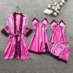 Women's 4pcs Silk Satin Pajamas Set Floral Lace Trim Dress with Robe Lounge Sleepwear Nightdress Novelty Loungewear