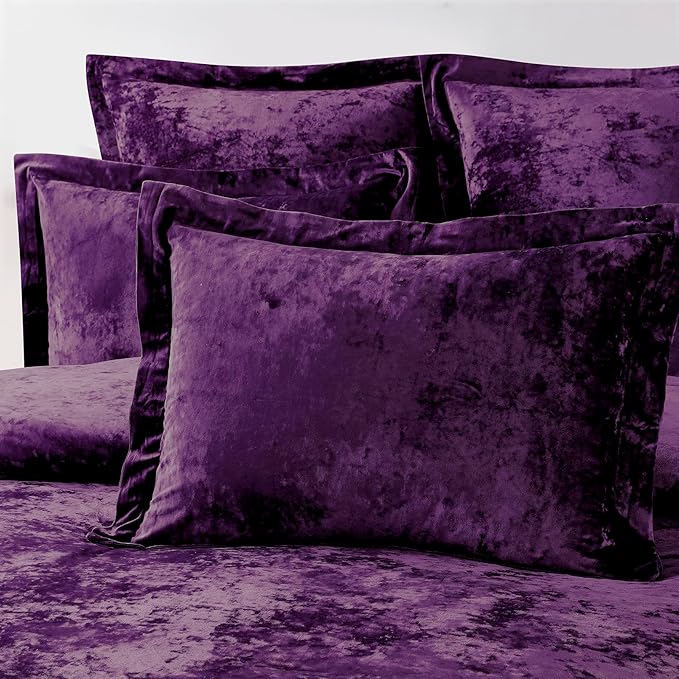 Fredsure Distressed Velvet Comforter Set, 5 Pieces Dark Purple Queen, Distressed Velvet Face and Brushed Microfiber Reverse