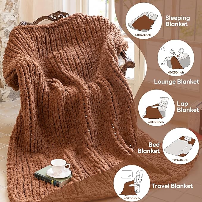 Chunky Knit Blanket - Luxury Soft Cozy 60 * 80 Throw Blanket,100% Woven Blanket Rope Knot Throw Blanket for Couch, Sofa, Home Decor, Gift - Machine Washable (Reddish-Brown, 60 * 80)