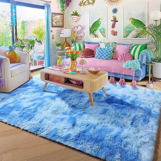 Amdrebio Tie-Dyed Light Blue Area Rugs for Girls Boys Bedroom, Soft Cute Fluffy Stitch Rug 4x6 for Baby Kids Room Decor, Plush Shaggy Fuzzy Furry Carpet for Nursery Playroom Classroom Dorm Office