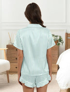 Silk Pajamas for Women Button Down 2 Piece Satin Pjs Shorts Set Ruffle Notch Collar Sleepwear Loungewear