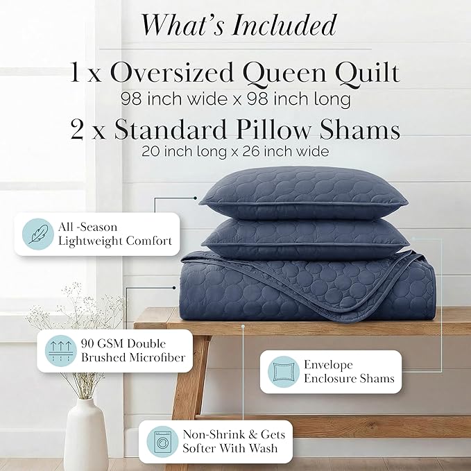 Southshore Fine Living, Inc. Oversized Full Size Quilt Bedding Set, Lightweight Bedspread Queen Size, Soft Coverlet 3-Piece Set with Two Matching Quilted Pillow Shams, Navy Blue