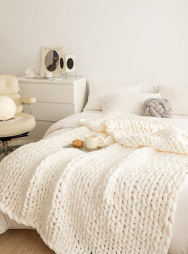 Chunky Knit Blanket Soft Chenille Yarn Knitted Throw Blanket 50"X60" Handmade Cable Warm Thick Giant Blanket for Couch Bed Trips (White, Throw 50"X60")?-¡­