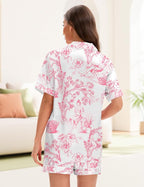 EPLAZA Silk Pajamas for Women Satin Pajamas Set 5 Pcs Long Sleeve Print Pattern Button Down Pjs Sleepwear Loungewear Set