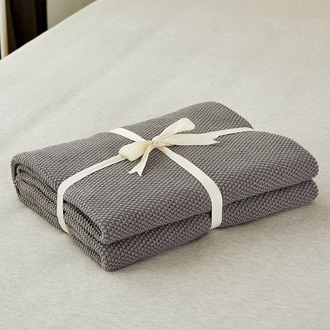 Longhui bedding Dark Grey 100% Cotton Lightweight Cable Knit Throw Blanket for Couch Sofa Bed Home Decorative, Bonus Laundering Bag, Dark Gray 50“ x 60”, Machine Washable