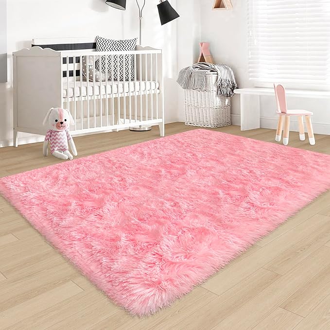 Pink Fluffy Rugs for Bedroom Living Room 4x6 Ft Girls Shaggy Fur Rug Soft Modern Indoor Furry Floor Mat Washable Plush Fuzzy Kids Rug for Nursery Princess Dorm Playroom Decor Carpet