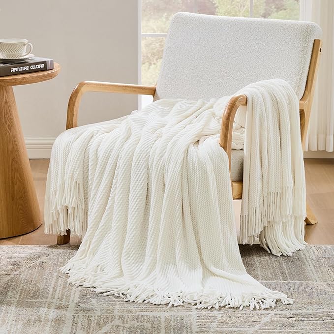 inhand Throw Blanket for Couch Bed,Chunky Chenille Woven Soft Blankets with Tassels,Cozy Boho Farmhouse Spring Summer Fall Decor,Warm Knitted Gifts for Women,50"x60",Medium Thick-Off White
