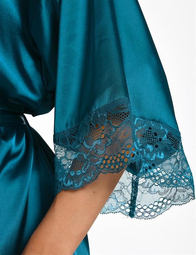 Kihnop Women's Satin Robe Silk Robe Lace Bridal Robes for Bride Bridesmaid Robes Silky Bathrobe Getting Ready Sleepwear