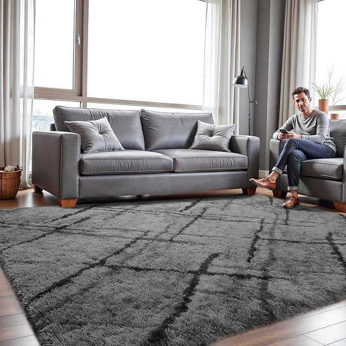 junovo 4x6 Fluffy Shaggy Area Rugs - Ultra Soft Washable High Pile Bedroom Rug for Kids, Living Room, Nursery & Dorm - Non-Slip Floor Carpet, Grey Aesthetic Home Decor