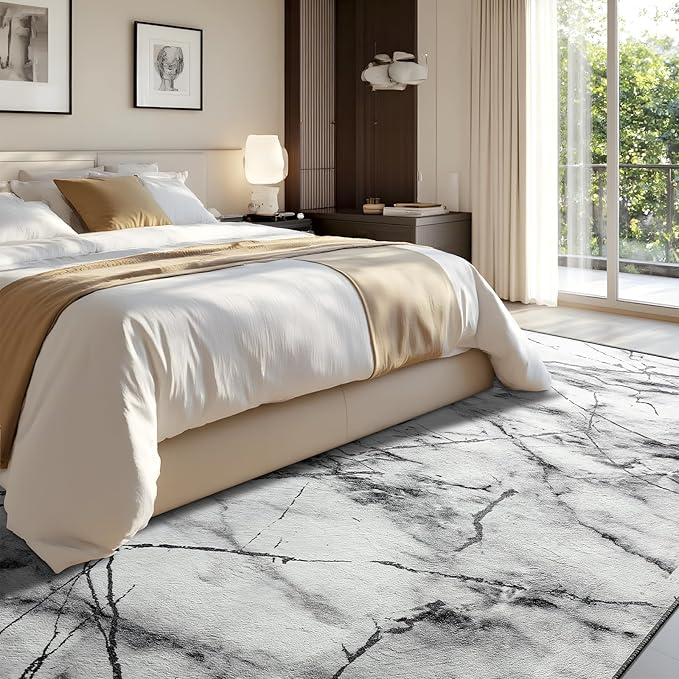 CRYPTOLITE Area Rugs 9x12 Rug for Living Room Abstract Washable Rug with Non-Slip Backing Low Pile Area Rugs for Bedroom, Dining Room, Silver&Grey