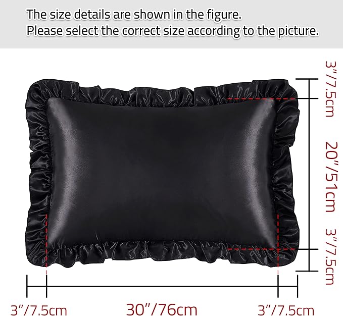 Silky Satin Ruffled Pillow Cases for Hair and Skin,Black Silk Pillowcases Queen Set of 2 with Envelope Closure Princess Room Decoration
