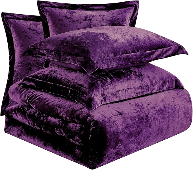 Fredsure Distressed Velvet Comforter Set, 5 Pieces Dark Purple Queen, Distressed Velvet Face and Brushed Microfiber Reverse