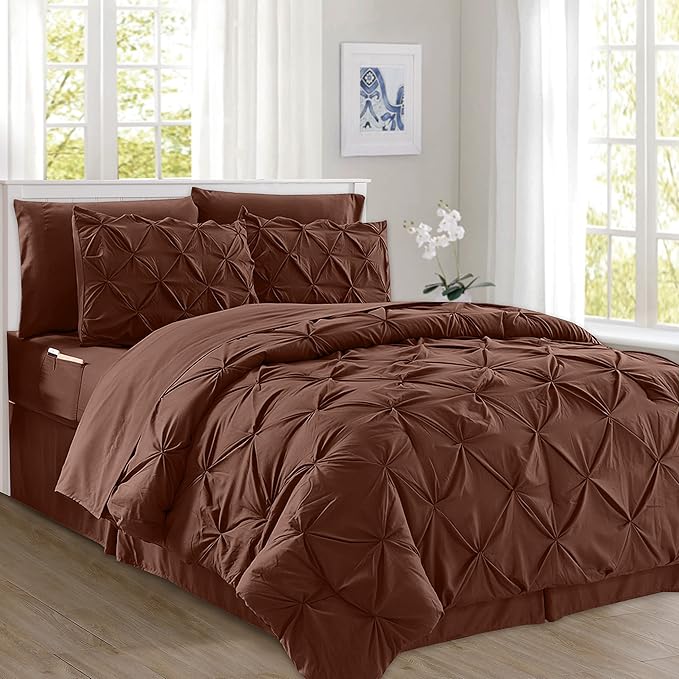 Elegant Comfort 8-Piece Pinch Pleated Comforter Set-All Season Complete Bed in a Bag, Includes 4pc Smart Sheet Set, Bed Skirt, Comforter, Matching Pillowcases and Shams, King/Cal King, Chocolate Brown