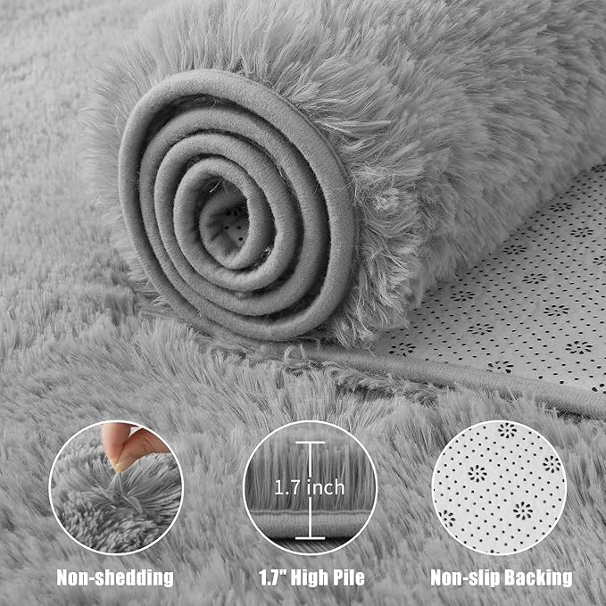 Macgace 4x6 Grey Area Rugs for Living Room, Super Soft Fluffy Rug with Non-Slip Backing for Girls Boys Bedroom Baby Nursery, Solid Shag Carpet Modern Home Interior Decor