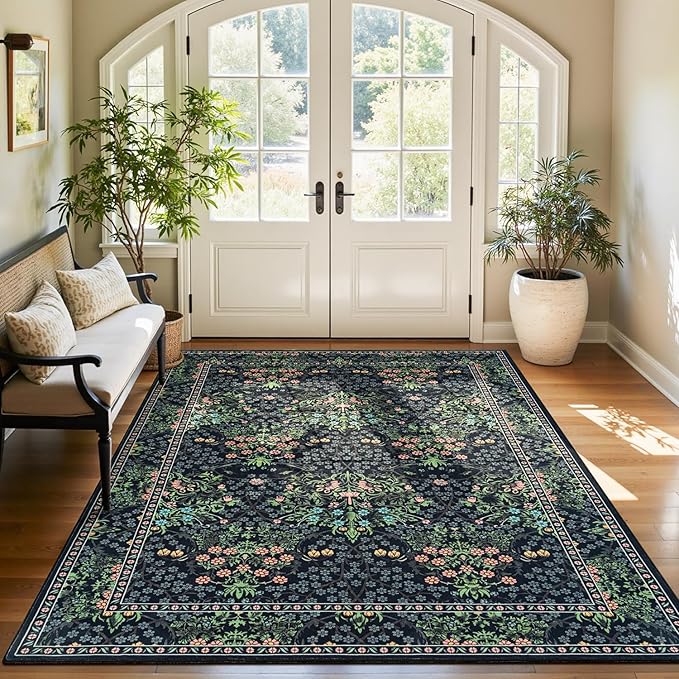 Lessymo Living Room Rug 5x7, Soft Non Slip Washable Area Rugs for Bed Room Dining Room, Faux Wool Boho Low Pile Stain Resistance Distressed Retro Indoor Boho Carpet, Dark Green