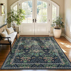 Lessymo Living Room Rug 5x7, Soft Non Slip Washable Area Rugs for Bed Room Dining Room, Faux Wool Boho Low Pile Stain Resistance Distressed Retro Indoor Boho Carpet, Dark Green