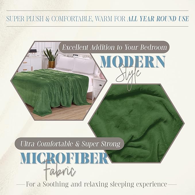 Elegant Comfort Luxury Velvety Feel Blanket, All-Season Lightweight Blanket, Ultra Plush, Soft, Cozy-Fuzzy Flannel Fleece for Couch, Sofa, Bed, Travel, Solid Design, Twin/Twin XL, Green